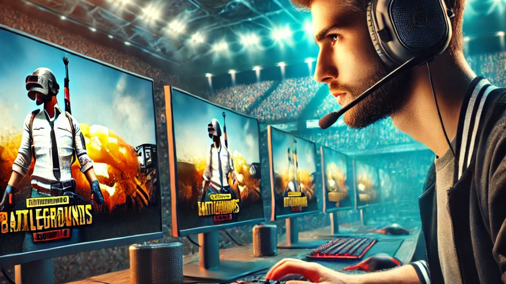 DALL·E 2025-01-22 13.59.01 - A professional esports player in action, wearing a sleek gaming headset and seated at a high-tech gaming setup with multiple monitors displaying PUBG