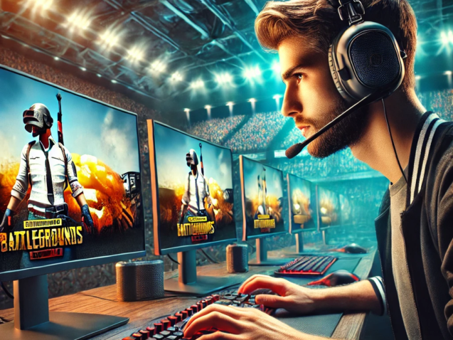 DALL·E 2025-01-22 13.59.01 - A professional esports player in action, wearing a sleek gaming headset and seated at a high-tech gaming setup with multiple monitors displaying PUBG