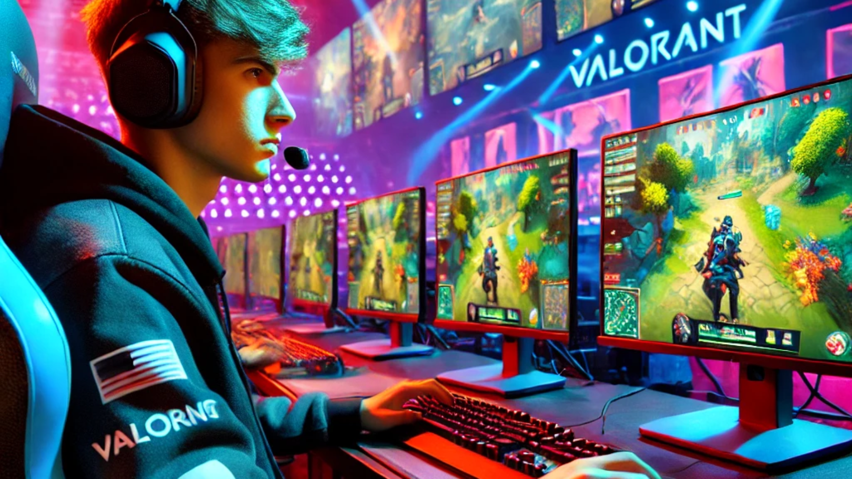 DALL·E 2025-01-22 14.01.34 - A professional esports player immersed in Valorant gameplay, seated at a cutting-edge gaming station with multiple monitors displaying vibrant scenes