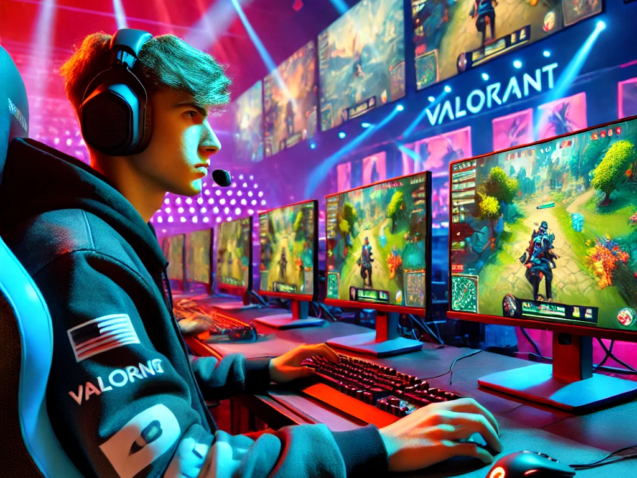 DALL·E 2025-01-22 14.01.34 - A professional esports player immersed in Valorant gameplay, seated at a cutting-edge gaming station with multiple monitors displaying vibrant scenes