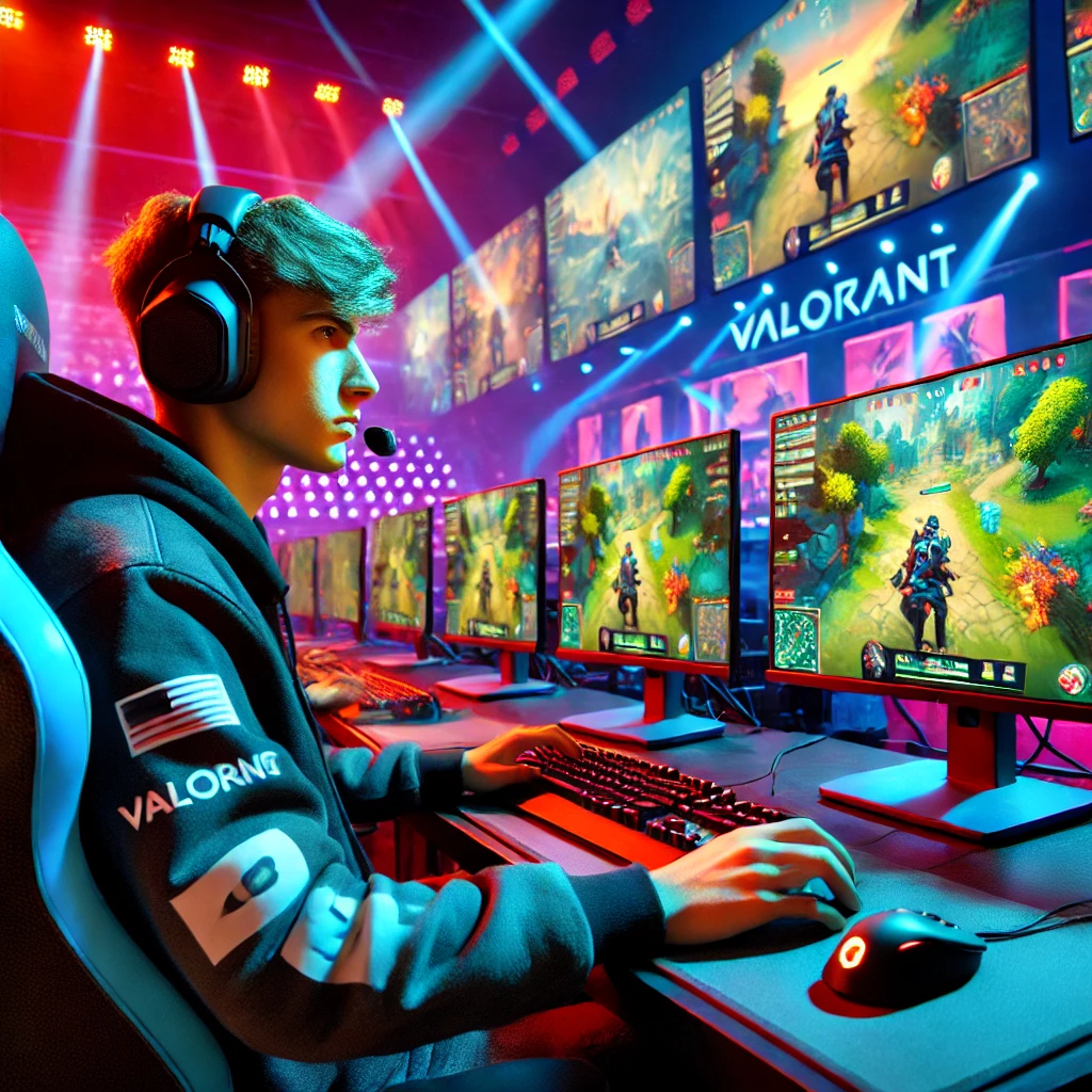 DALL·E 2025-01-22 14.01.34 - A professional esports player immersed in Valorant gameplay, seated at a cutting-edge gaming station with multiple monitors displaying vibrant scenes