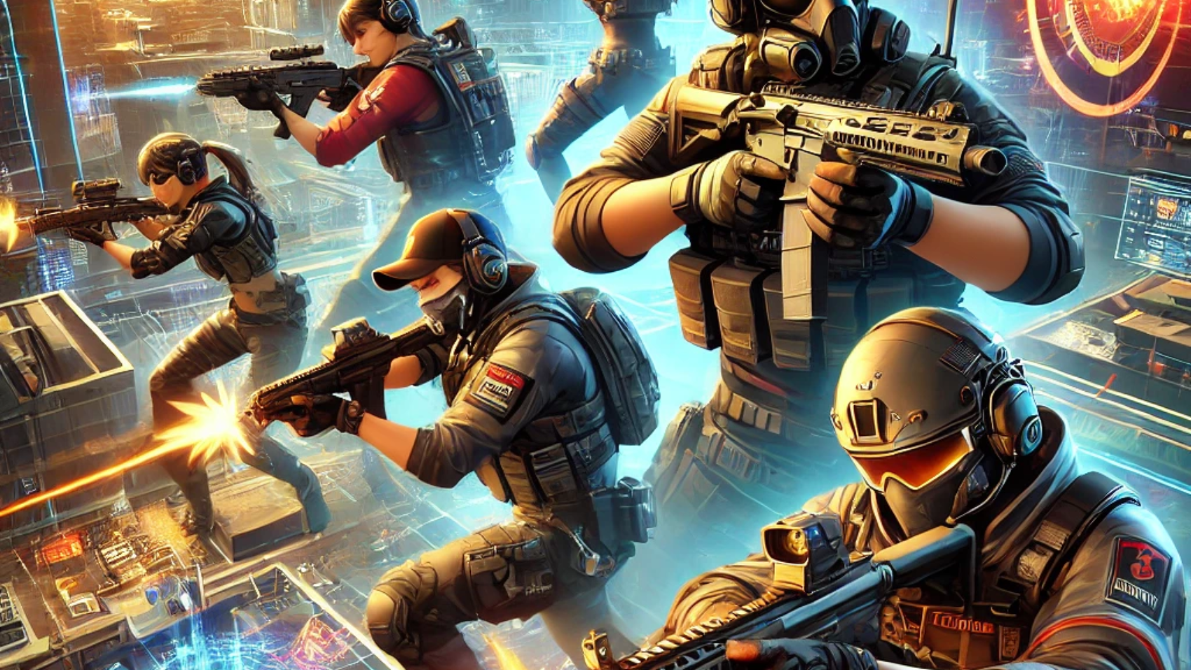 DALL·E 2025-01-22 14.07.07 - An action-packed scene from a tactical first-person shooter game like Valorant. The image features a team of five players in a futuristic urban settin