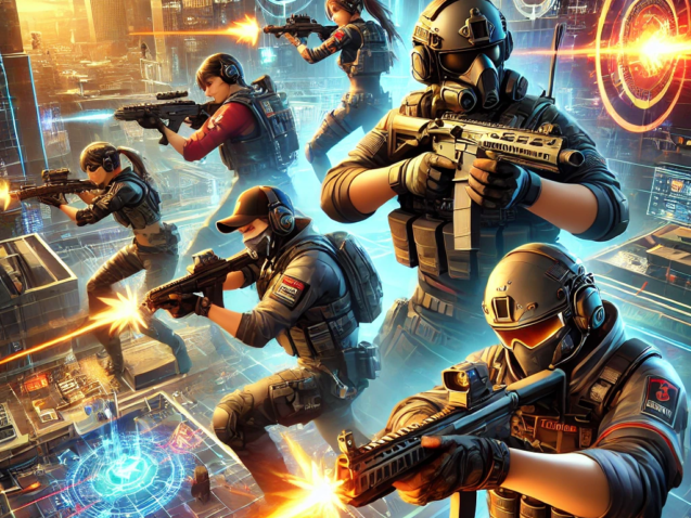 DALL·E 2025-01-22 14.07.07 - An action-packed scene from a tactical first-person shooter game like Valorant. The image features a team of five players in a futuristic urban settin